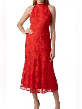 NWT Sam Edelman Red Halter Midi Dress with Floral Jacquard- Size 14